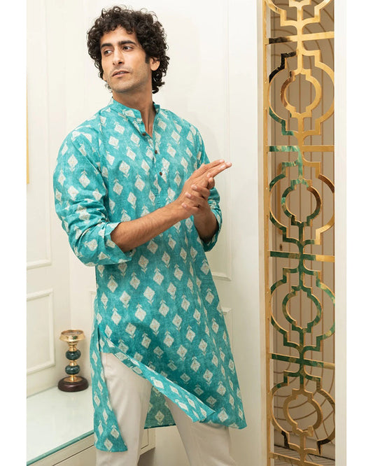 Latest Turquoise Colored Long Ethnic Kurta