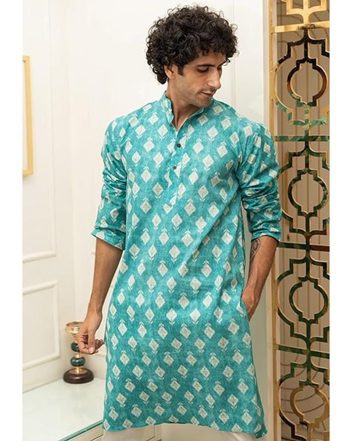 Latest Turquoise Colored Long Ethnic Kurta