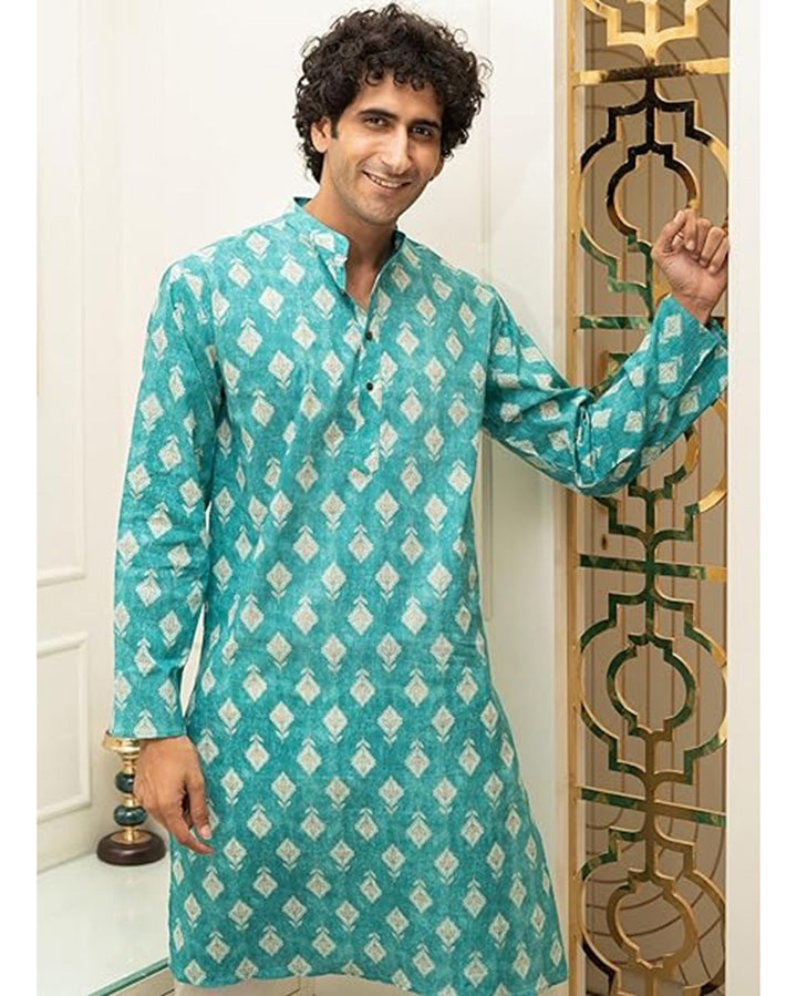 Latest Turquoise Colored Long Ethnic Kurta