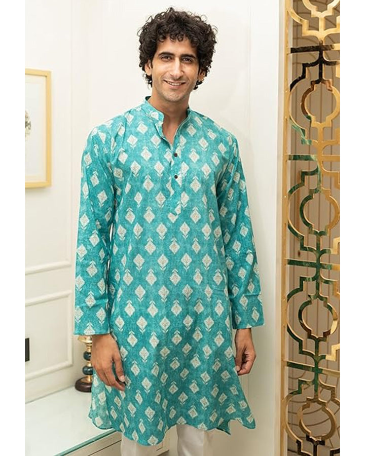 Latest Turquoise Colored Long Ethnic Kurta