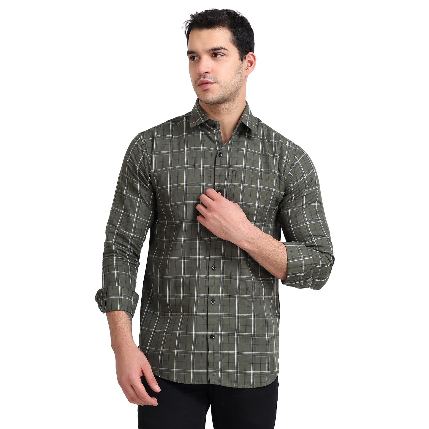 Olive Green Colored Cotton Checkered Shirt