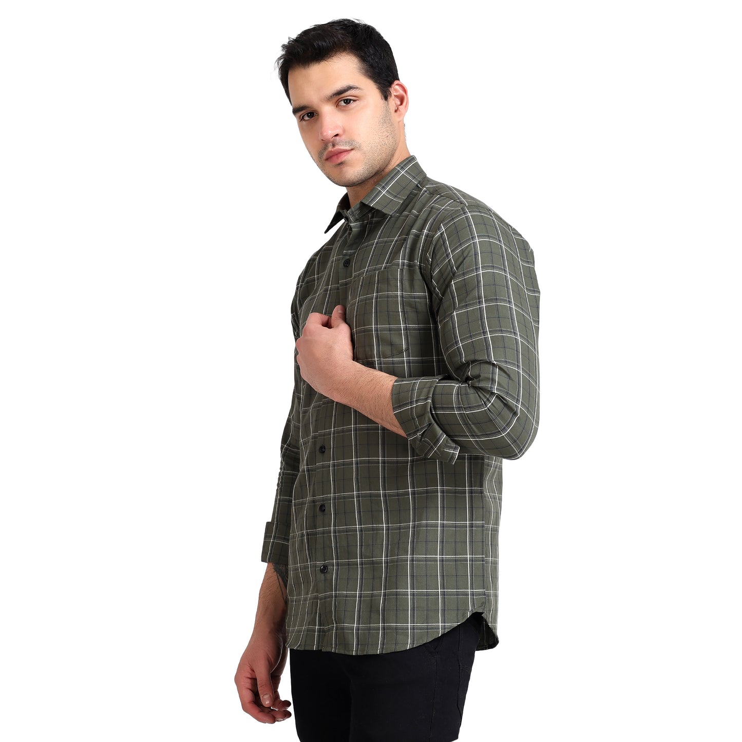 Olive Green Colored Cotton Checkered Shirt