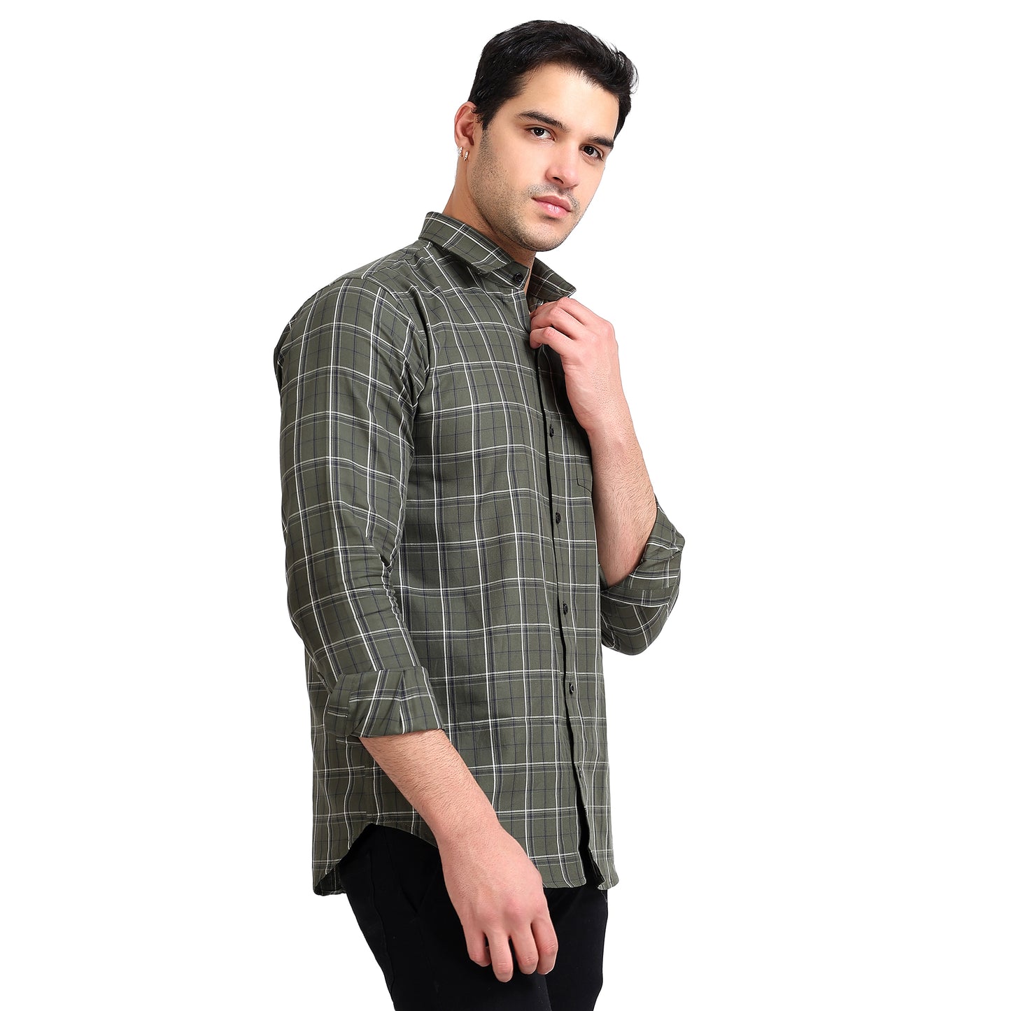 Olive Green Colored Cotton Checkered Shirt