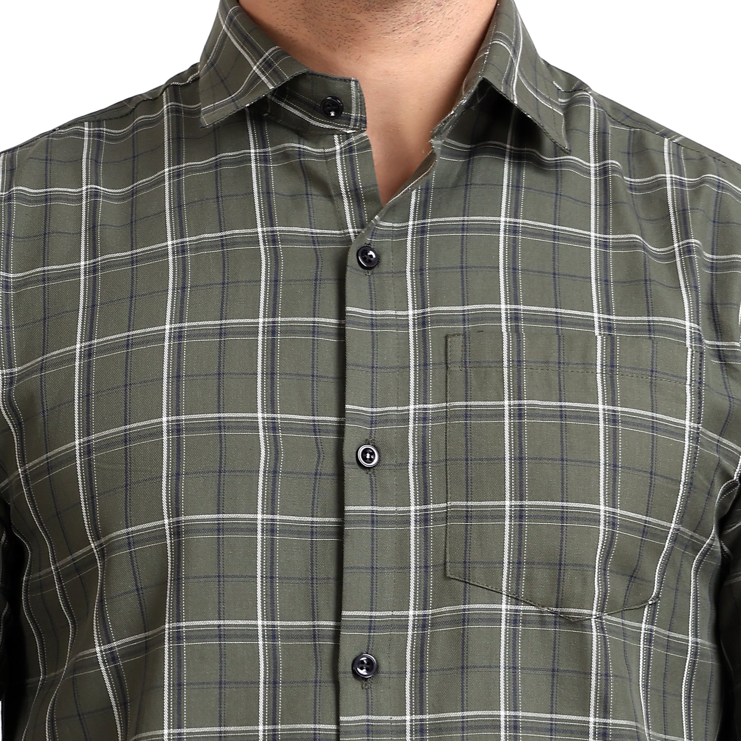 Olive Green Colored Cotton Checkered Shirt