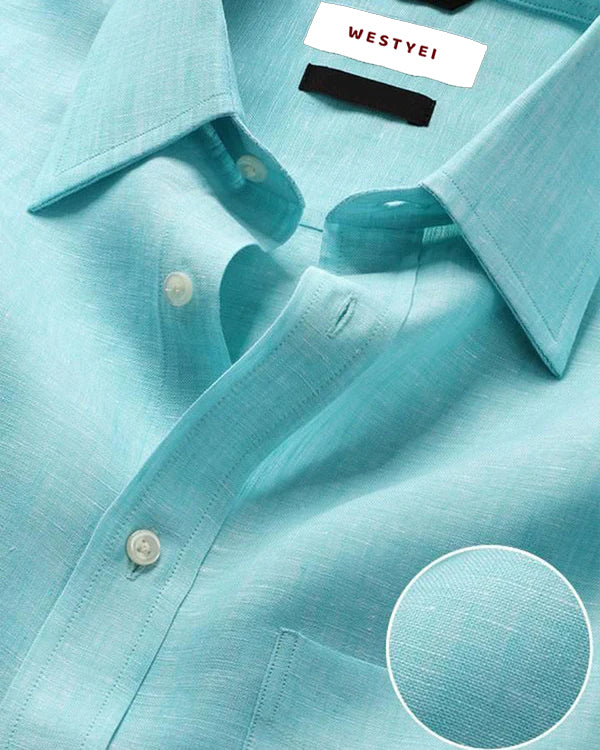 Turquoise Colored Solid Linen Shirt
