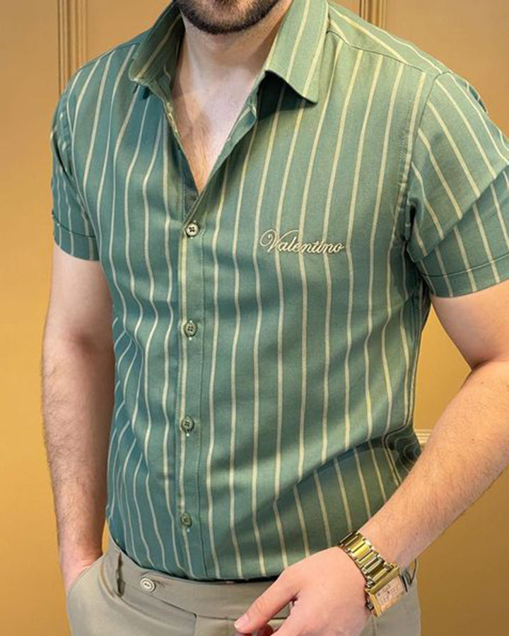 Formal Green Colored Cotton Striped Shirt