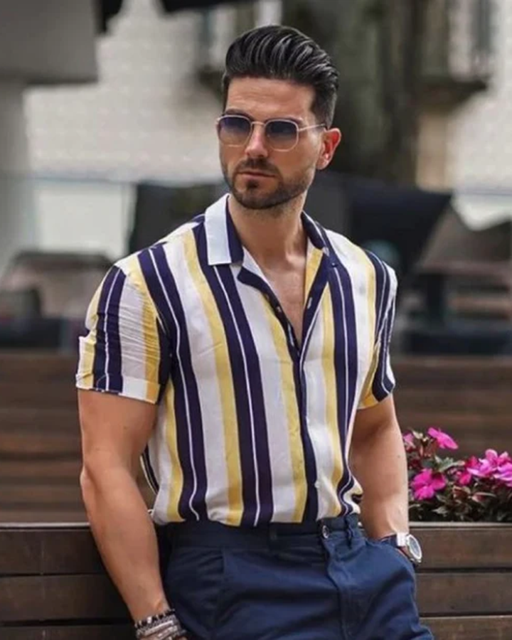 Yellow & Blue Striped Half Sleeve Shirt