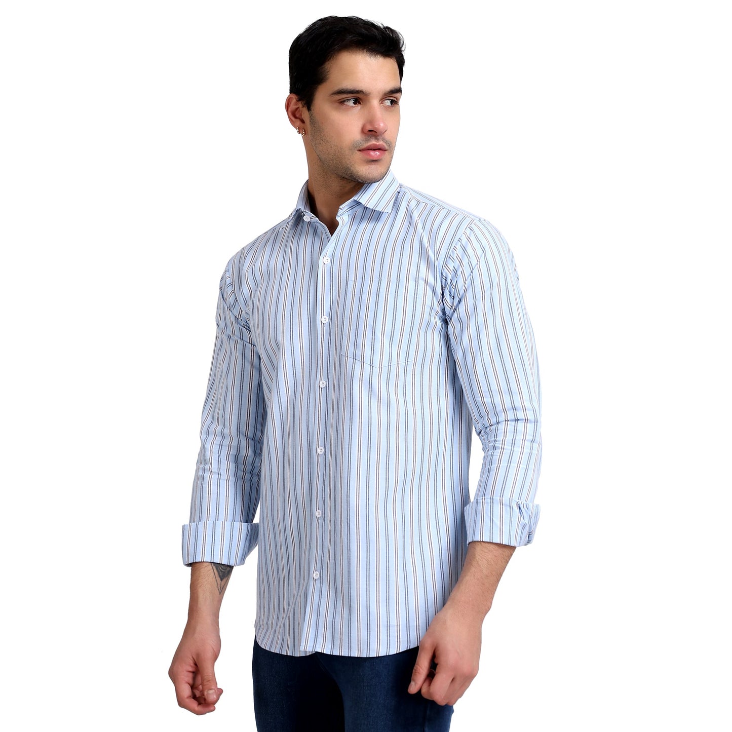 Sky Blue Colored Striped Cotton Shirt