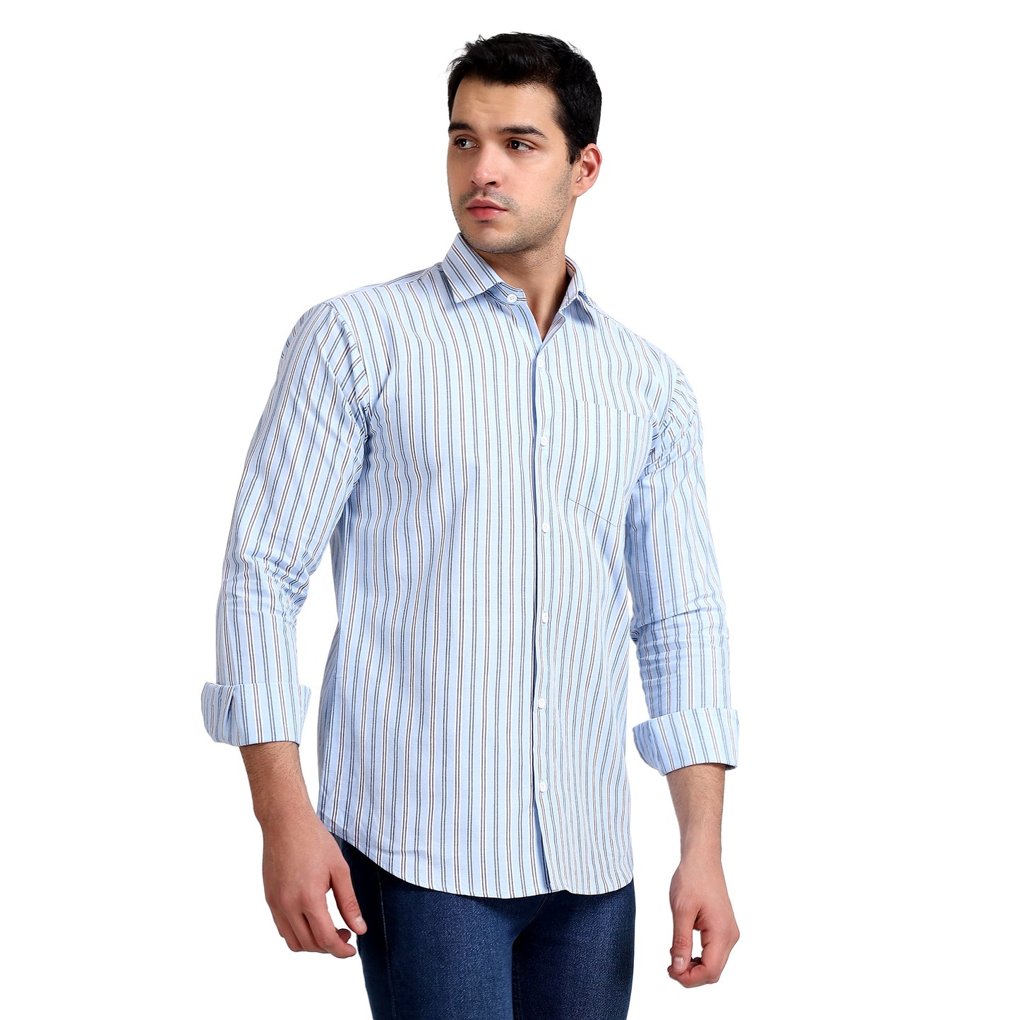 Sky Blue Colored Striped Cotton Shirt