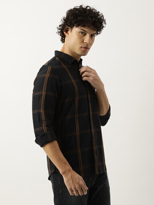 Men's Black Colored Cotton Checks Shirt